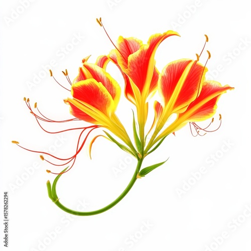 gloriosa superba flame lily vibrant red and yellow reflexed petals with vine like stems isolated on white transparent background