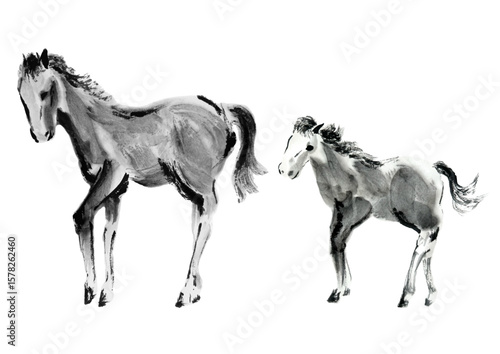 Vector Ink Painting of Horse Parent and Foal – Japanese Style for New Year 2026