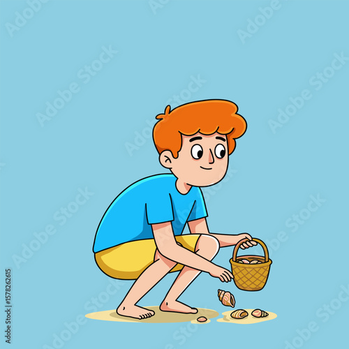 Cartoon child with orange hair squatting to collect seashells, wearing blue shirt and yellow shorts, holding a woven basket on light blue background.