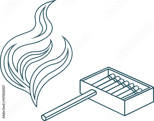 Minimal line art of a burning match with flame and matchbox symbolizing fire, ignition, and energy, ideal for safety, risk, heat, and creative concept design illustrations.