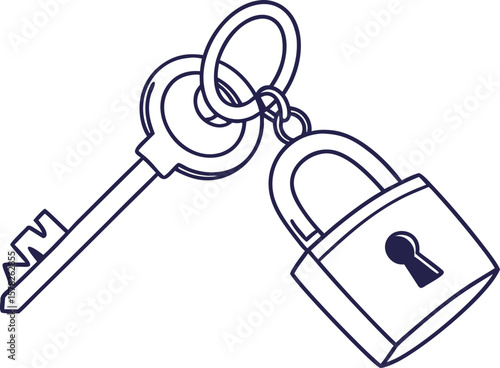 Minimal line art of a key with a padlock on a keyring symbolizing security, access, and protection, ideal for privacy, safety, business, and secure concept creative design illustrations.