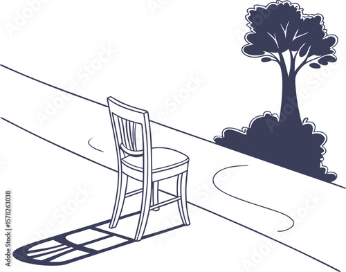 Minimal line art of a chair casting a shadow on a path with a tree in the background symbolizing solitude, calm, and reflection, perfect for creative, conceptual, and artistic designs.