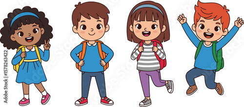 Happy school children cartoon illustration with backpacks, diverse students, elementary kids vector, back to school, education concept, cute design