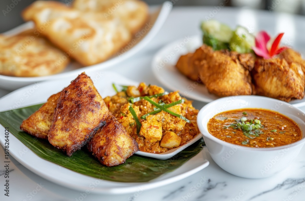 Fototapeta premium Authentic South Asian Kacang Sothi served with folded Roti Canai drenched in coconut sambal sauce