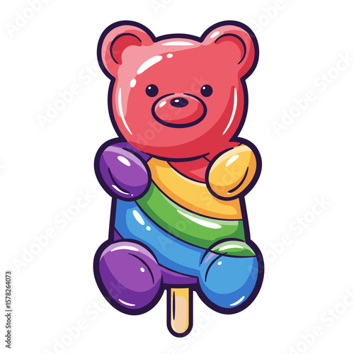 Colorful gummy bear popsicle with rainbow stripes on stick  