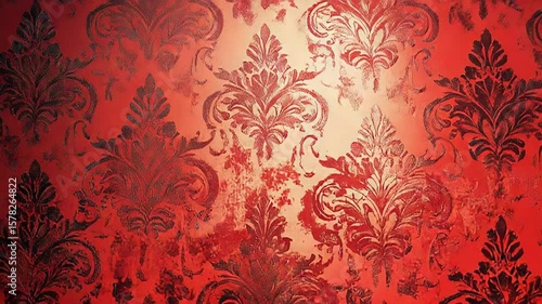 Red distressed damask wallpaper creating dramatic backdrop
