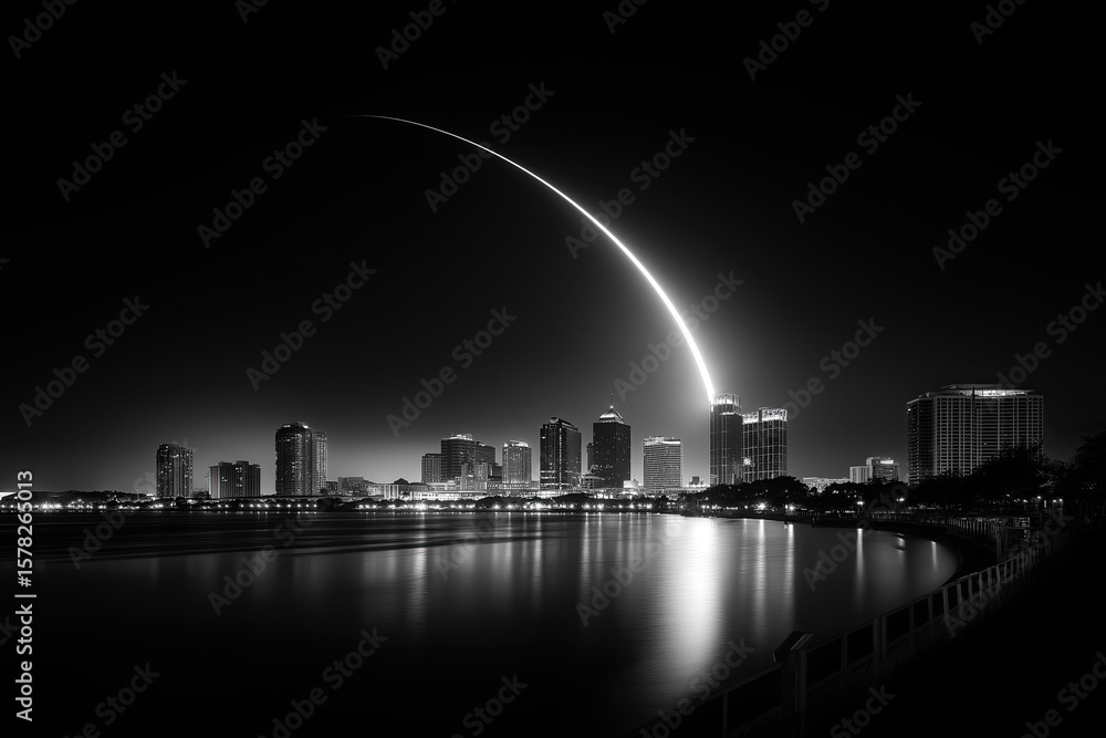 Obraz premium Long‑Exposure Rocket Launch Arc Over City Skyline Reflected on River at Night