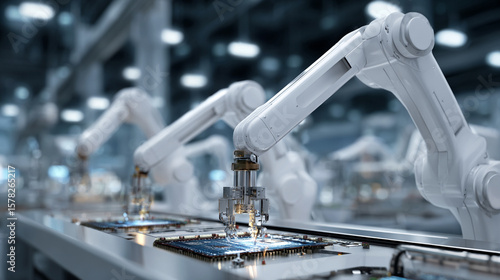 white robotic arms assembling computer chips in a hi tech factory
