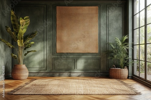 Wallpaper Mural Empty room interior background with an olive-colored paneling wall, home decor over wooden planks, and a weave rug on parquet flooring. 3D rendering, Generative AI Torontodigital.ca