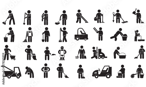 washing, vacuum cleaner, detergent, cleaning tools, equipment, household appliances and more. Editable stroke. Vector illustration.
