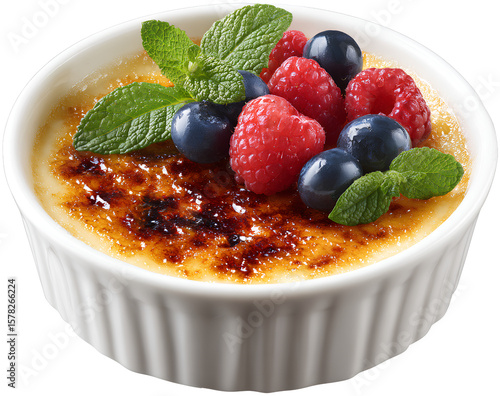 Classic Creme Brulee in White Ramekin with Berries and Mint Garnish, Transparent PNG
