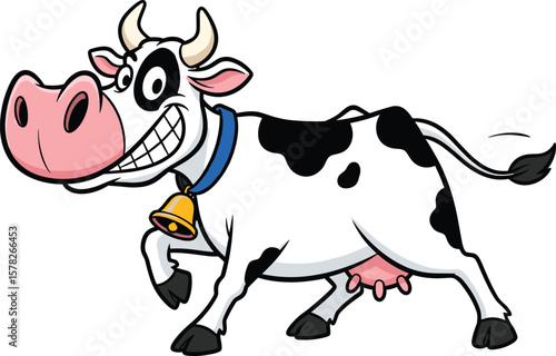 Funny cartoon cow character, smiling dairy animal, farm livestock illustration, milk cow with bell, comic style vector, cheerful cartoon drawing