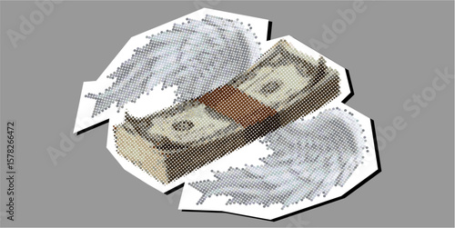 Flying money dotted collage element pointillize in paper torn vector, illustrating financial movement for dynamic economic concepts, stock market trends, or unique financial designs.