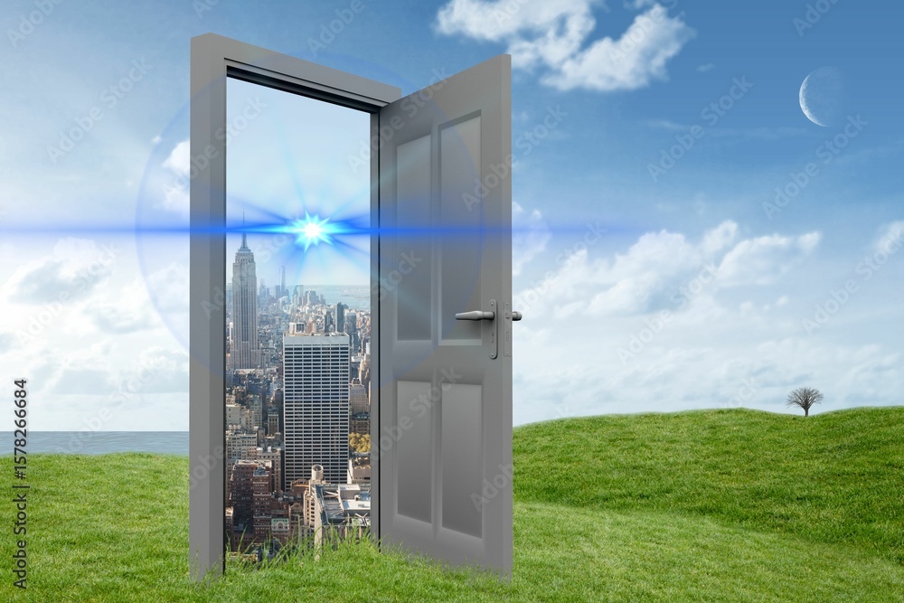 Fototapeta premium Open door on hill with cityscape and lens flare