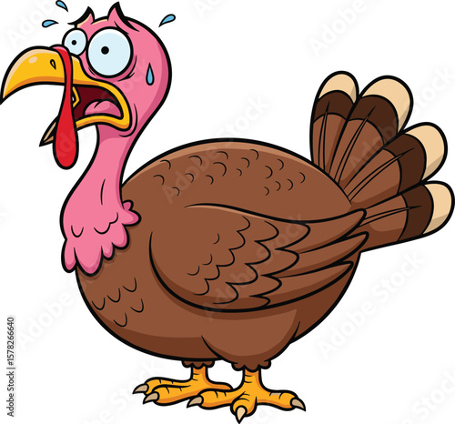 Funny cartoon turkey character, scared bird illustration, Thanksgiving animal panic, comical expression, colorful farm poultry, holiday humor vector design