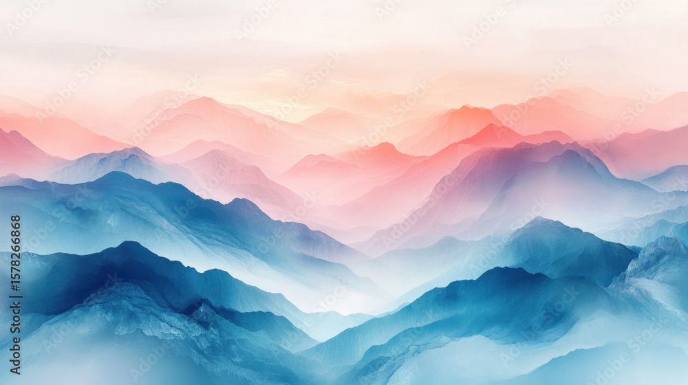 Obraz premium Misty Mountain Range at Sunrise, Blue Pink and Red Hues, Soft Light