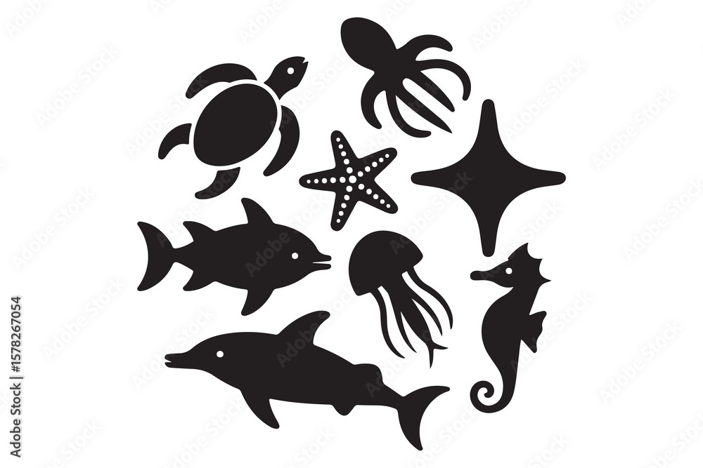 Fototapeta premium Set of marine animals black silhouette in cartoon style, cute sea animals isolated on white background, sea fish desing alements for poster, card, printing characters.