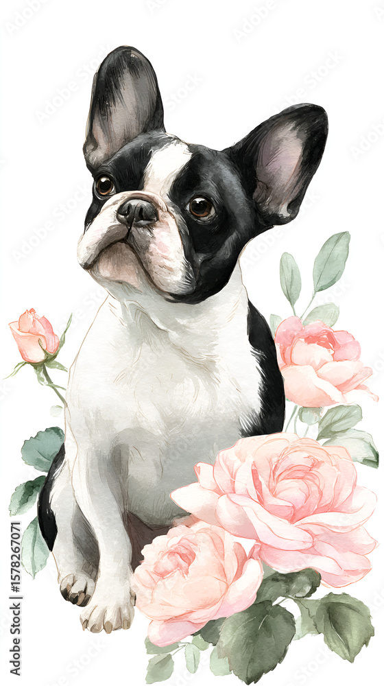 A black and white French Bulldog with pink roses around it A black and white French Bulldog with pink roses around it