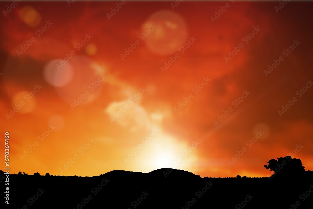 Obraz premium Flat design is showing sunset sky with sun emerging above dark hills, lens flares and trees