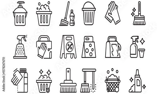 washing, vacuum cleaner, detergent, cleaning tools, equipment, household appliances and more. Editable stroke. Vector illustration.
