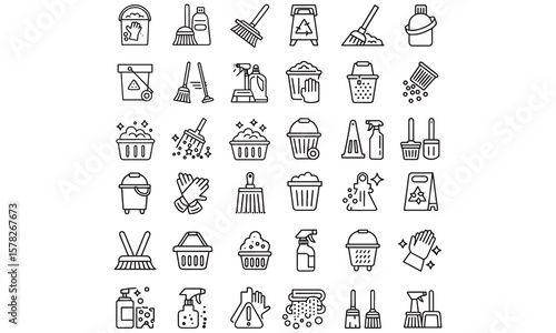 washing, vacuum cleaner, detergent, cleaning tools, equipment, household appliances and more. Editable stroke. Vector illustration.
