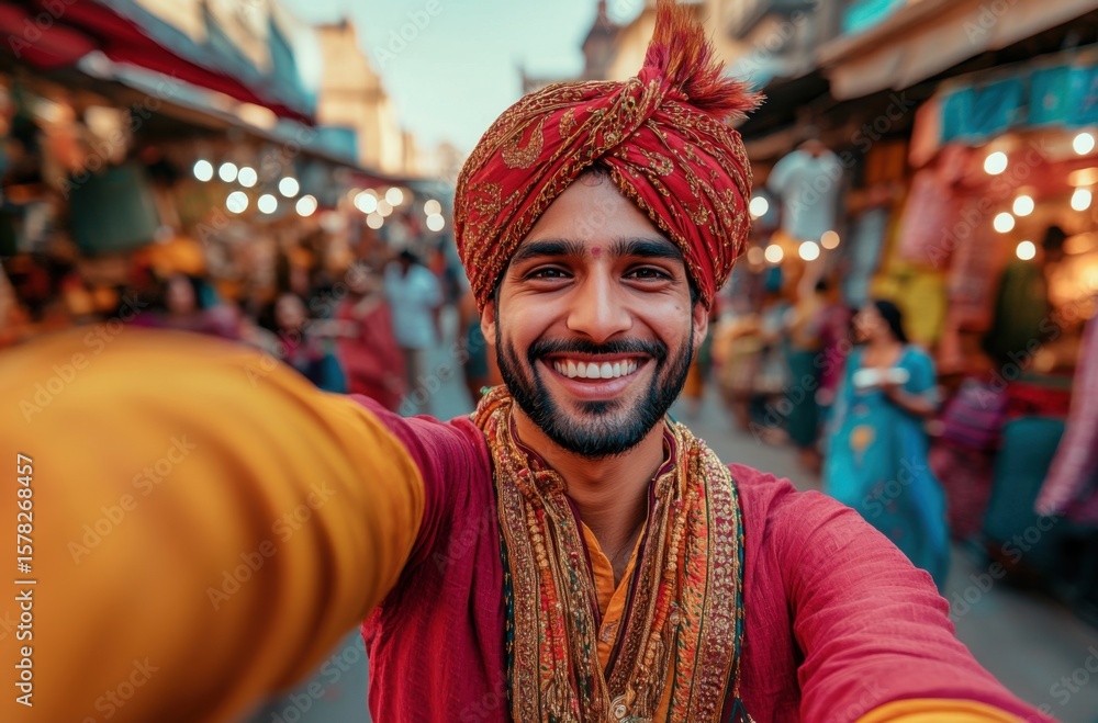 Fototapeta premium Handsome young Indian man in vivid attire, smiling while taking a selfie using a camera