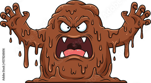 Angry cartoon mud monster, brown slime creature with sharp teeth, scary expression, dripping goo design, Halloween vector, isolated illustration