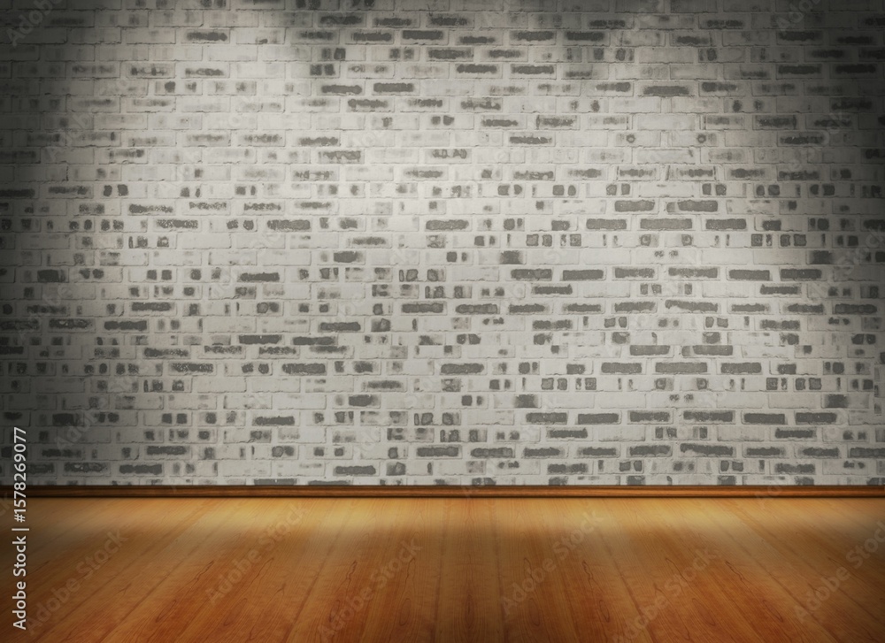 Obraz premium Painted white brick wall is being shown in flat design gallery with spotlights and wood floor