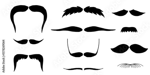 Mustache trendy styles set. Moustache curly horseshoe imperial pencil english pyramid italian and french vintage narrow walrus brush male hipster modern fashion. Chevron vector. 