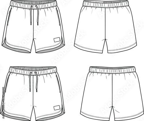CAD drawing flat vector illustration of men's running shorts, front and back technical sketch, sportswear design, activewear template, gym shorts outline, fashion flat sketch
