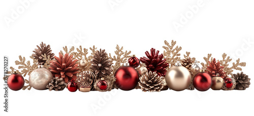 A festive garland of christmas ornaments, pinecones, and snowflakes isolated on transparent background