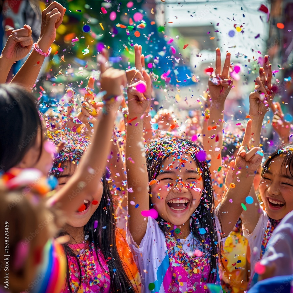 Obraz premium group of girls making cross fingers for luck in a colorful festival parade with confetti and sharp detail