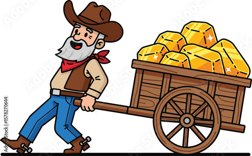Cartoon gold miner character pulling wooden cart full of gold bars, western cowboy illustration, treasure concept