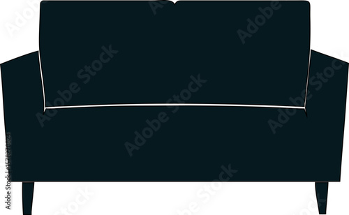 Black furniture icon showing a sleek two-seater sofa with legs, ideal for use in home decor graphics.