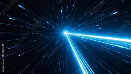 Blue laser beams bursting through starfield in deep space with glowing streaks. Technology concept
