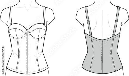 Women's corset bustier top, front and back view, fashion cad drawing flat vector illustration, structured design, adjustable straps, sewing pattern