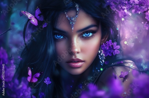 Portrait of a beautiful Indian fantasy woman, radiant blue eyes