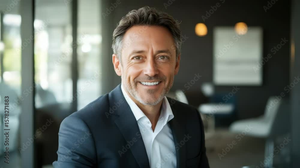 Confident middle aged businessman in formal suit smiling in modern office, professional and approachable man with gray hair and beard, business environment showcasing success and friendliness Confident middle aged businessman in formal suit smiling in modern office, professional and approachable man with gray hair and beard, business environment showcasing success and friendliness