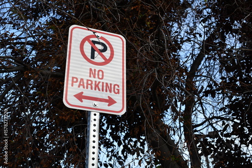No parking sign with tree in the background.