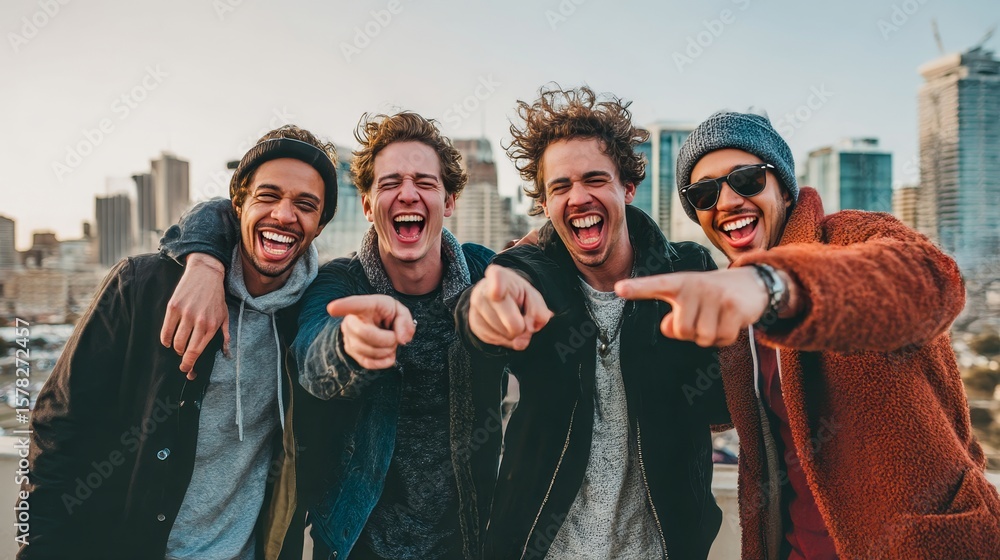 Fototapeta premium group of young men laughing and pointing spontaneous moment cityscape background lifestyle photography style