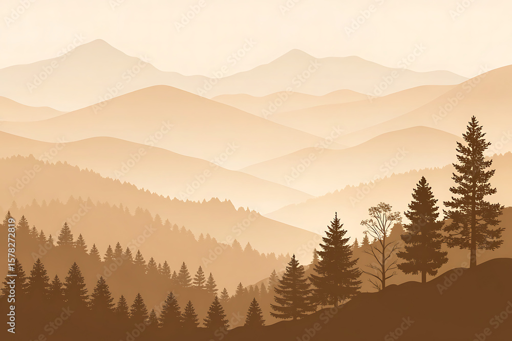Fototapeta premium Serene mountain landscape with layered hills and silhouetted pine trees