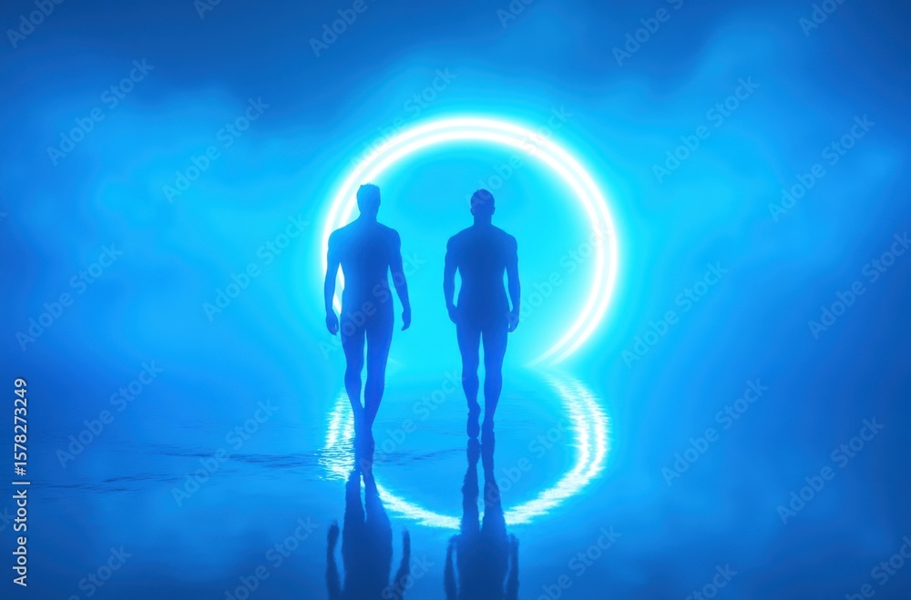 Fototapeta premium Stylized silhouettes of two men, motion-blurred in a surreal blue gradient field