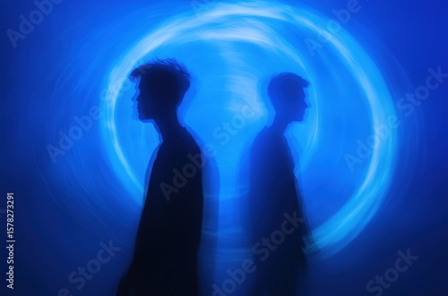 Stylized silhouettes of two men, motion-blurred in a surreal blue gradient field
