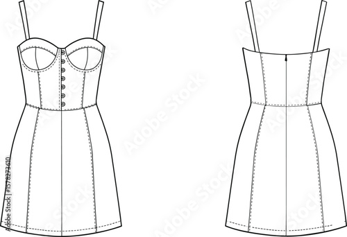 Strappy bustier mini dress with front button closure, fashion cad drawing flat vector illustration, stylish design, front and back view