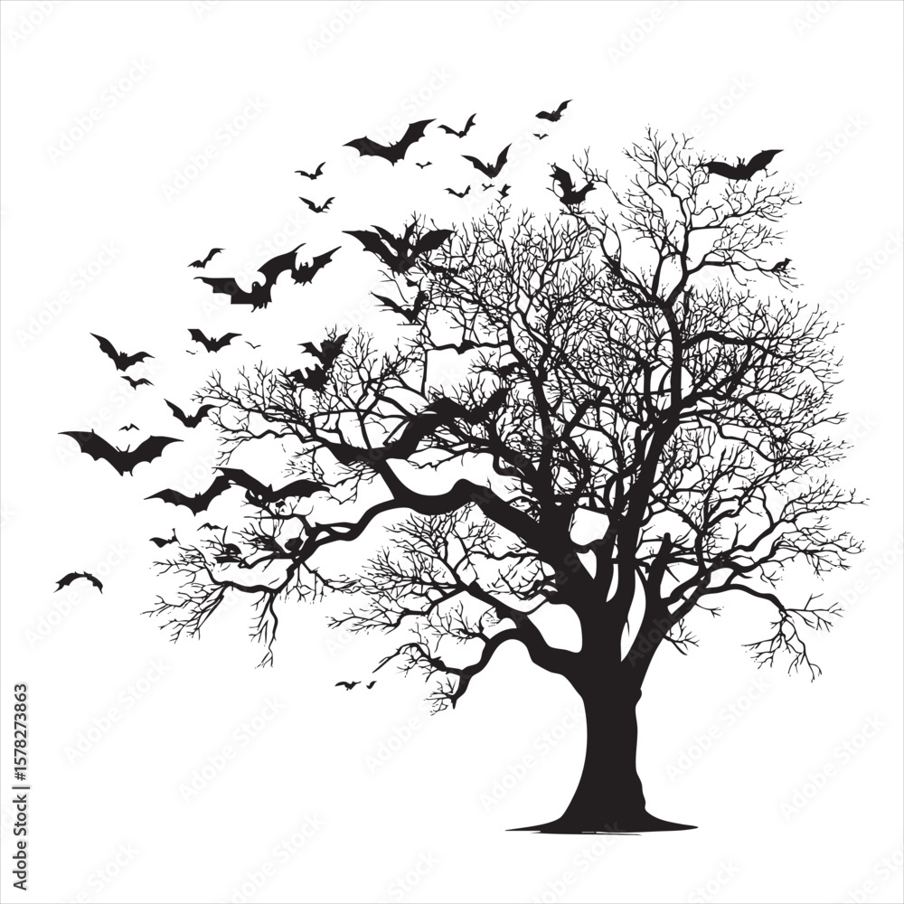 Obraz premium Ancient Tree with Bats in Flight - Spooky Forest Vector Art