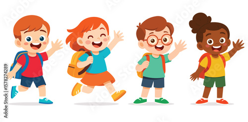 Happy school kids walking with backpacks - cute flat cartoon illustration set - back to school