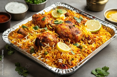 Traditional Indian chicken biryani captured from top-down, paper food tray on a neutral background