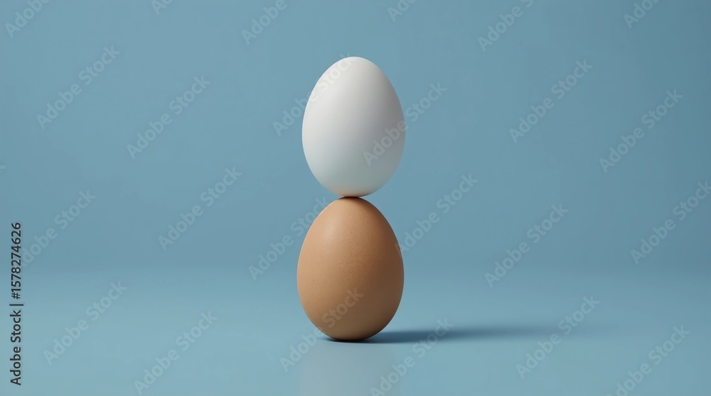 Impossible of two eggs stack on a light blue background with possible word. Minimal creative idea concept. Realistic 3D render Impossible of two eggs stack on a light blue background with possible word. Minimal creative idea concept. Realistic 3D render