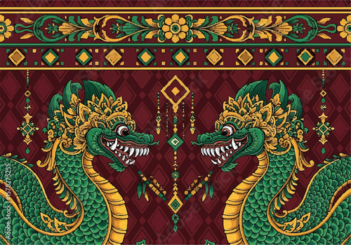 Local vintage deails art naga or big snakes pattern fashion. fabric silk , backgrounds, beauty, fashion, square, graphic, element, elegant, decor, backgrounds, Thai, god, Indonesia, art, art deco .