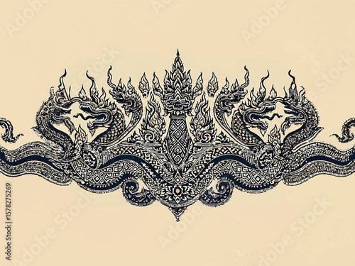 Local vintage deails art naga or big snakes pattern fashion. fabric silk , backgrounds, beauty, fashion, square, graphic, element, elegant, decor, backgrounds, Thai, god, Indonesia, art, art deco .